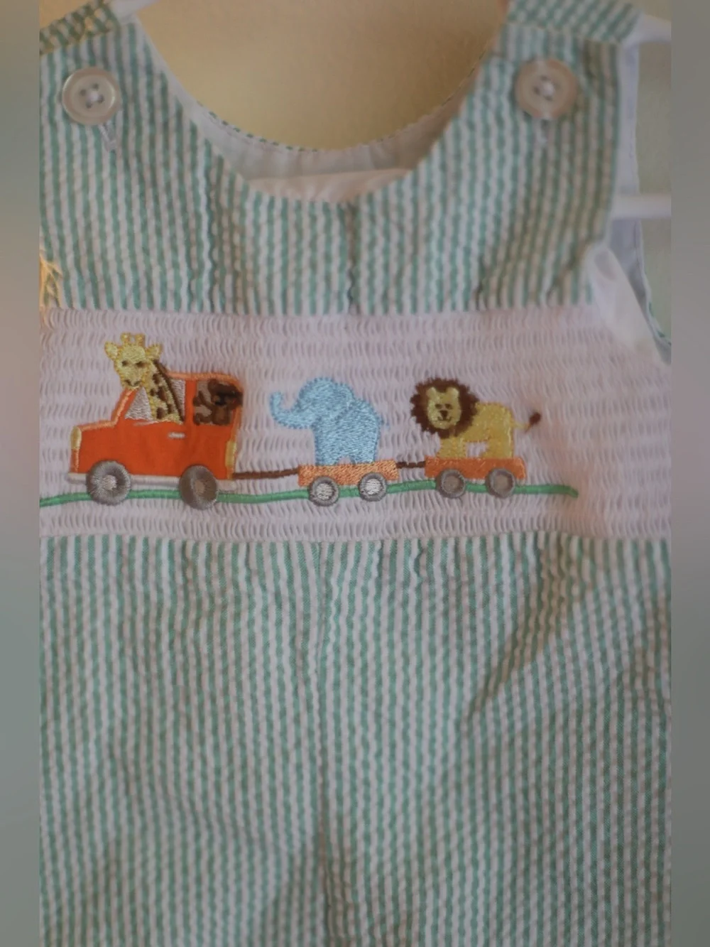 Baby Boy 3M Green Seersucker Smocked Jon Jon Romper Safari Animals Embroidered